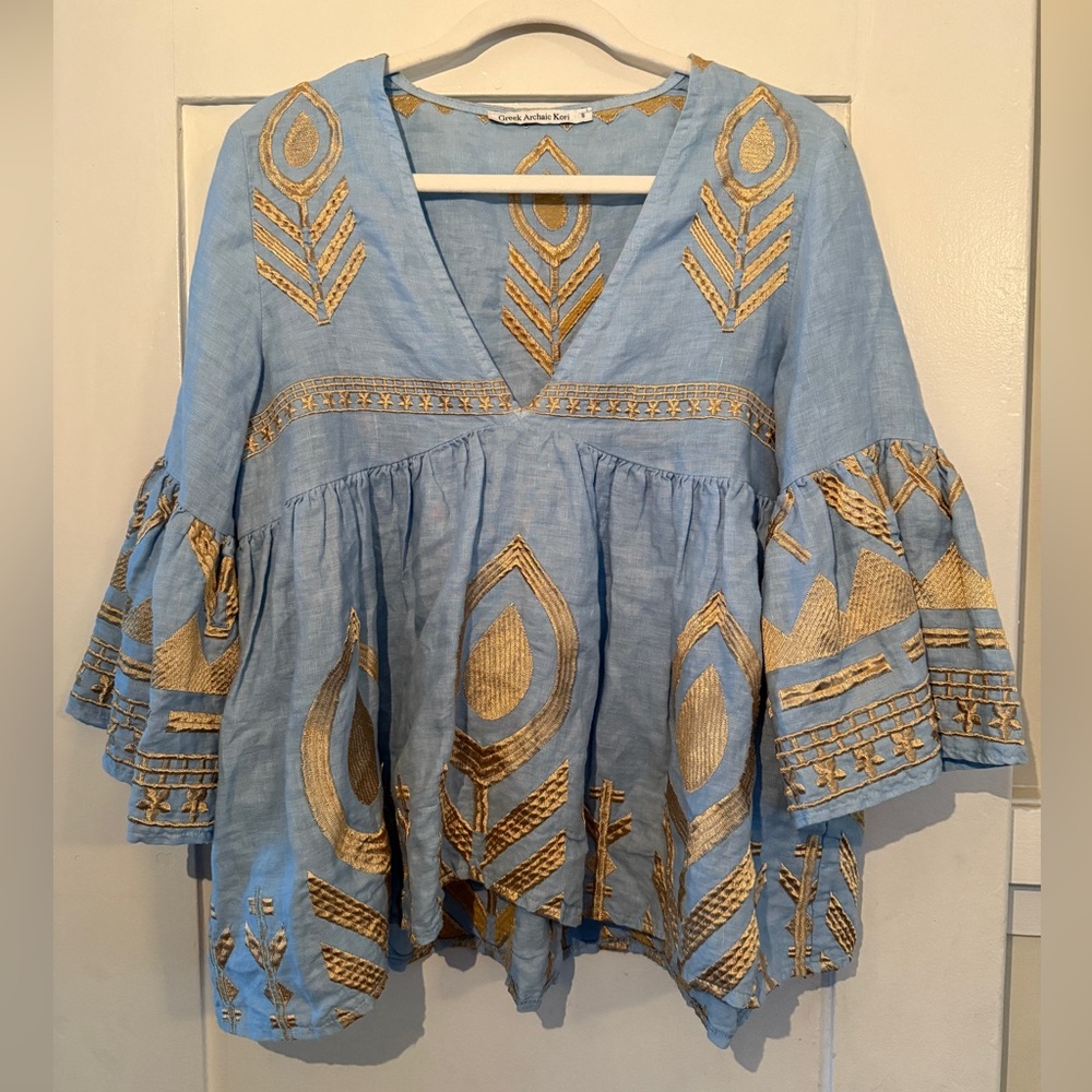Greek Archaic Kori 100% Linen Top blue gold - Picture 7 of 10